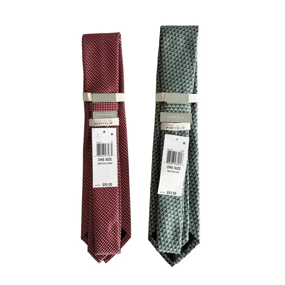 Perry Ellis Portfolio Men's Ties Lot of 2 Red Bartolle Mini & Green Mackin Geo